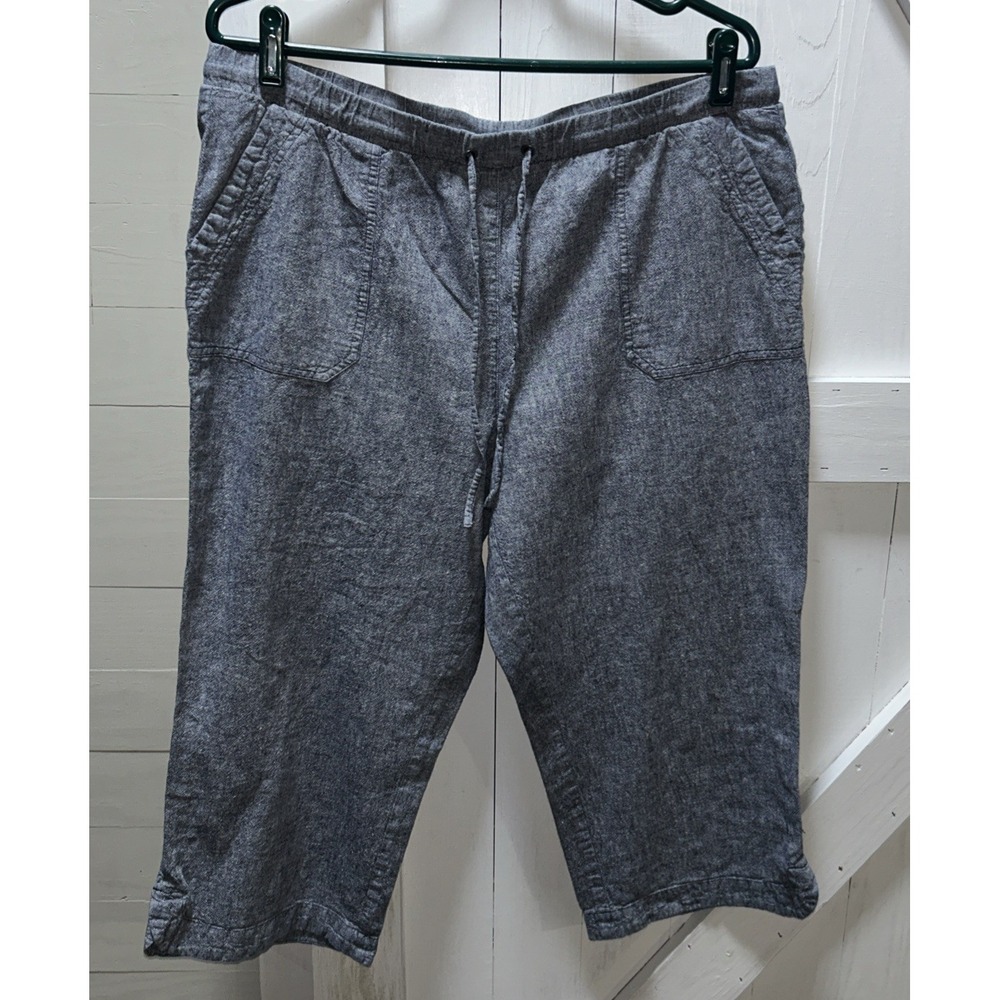 Kim Rogers Womens L Blue Chambray Linen Blend Elastic Waist Crop Pants